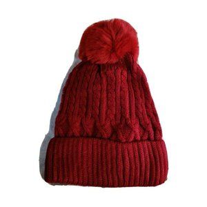 Women's Warm Winter Cable Knit Beanie Toboggan Hat Faux Fur Pom Pom - Burgundy